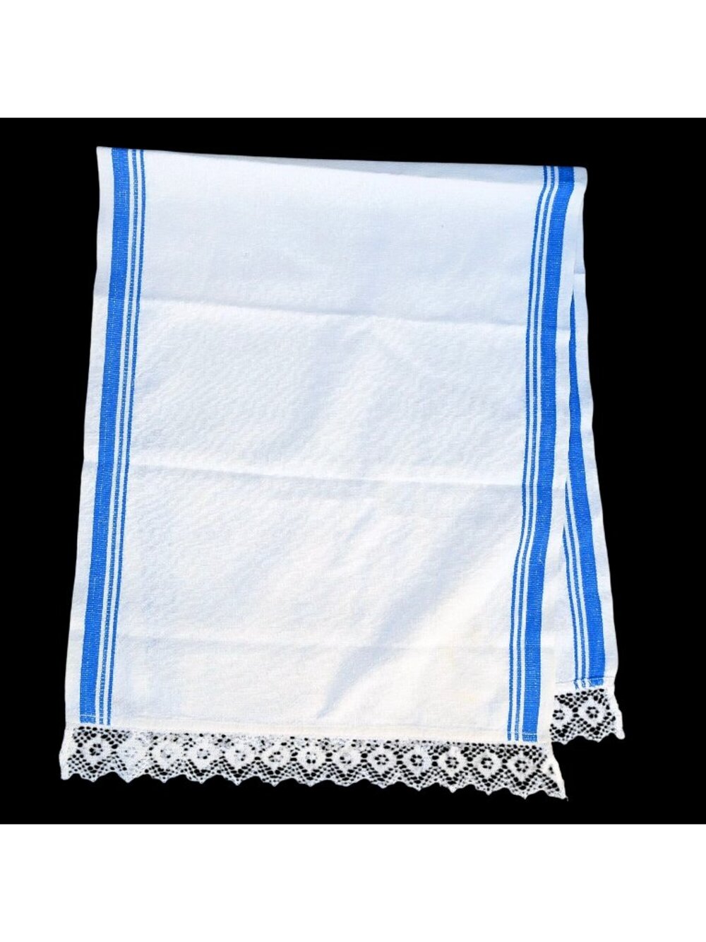 Vintage Flax Kitchen Towel Blue Stripe Lace Trim 39" Long 1940s Utility